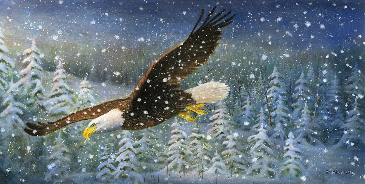 Bald eagle flying over a snowy forest